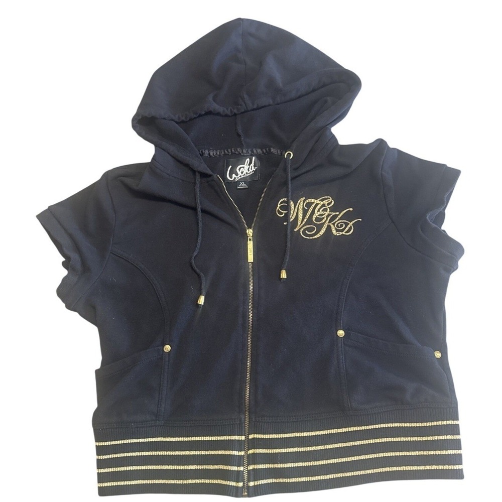 Y2K Wckd Full Zip Crop Hoodie Short Sleeve Rhinestone Logo Black & Gold Youth XL